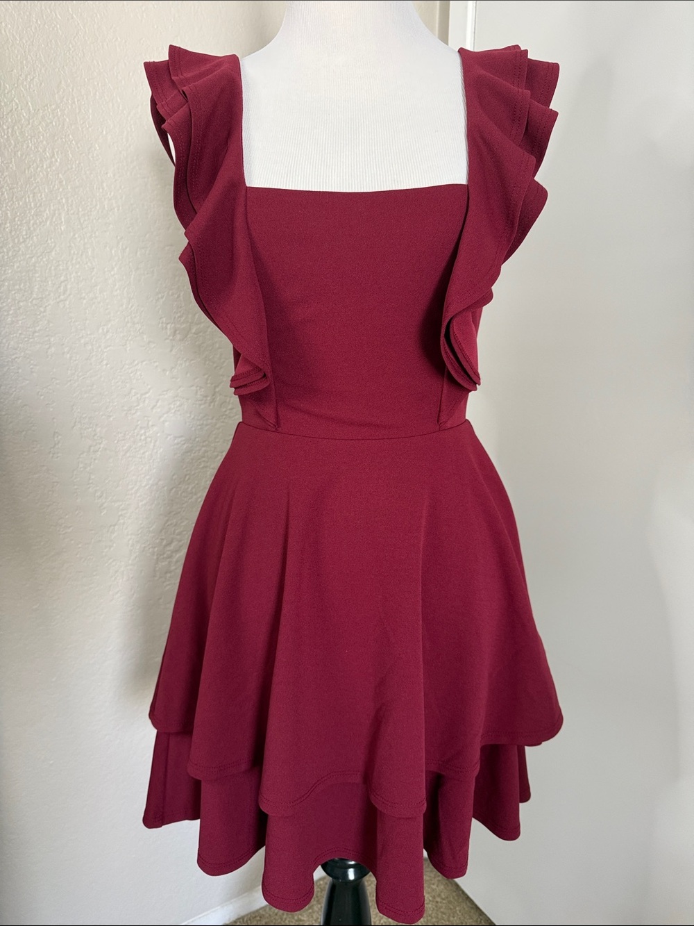 Ruffle Strap Tiered Mini Dress in Burgundy